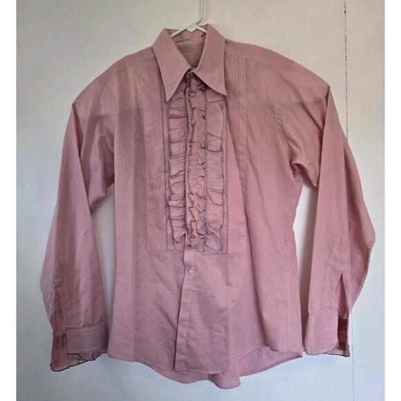 Vtg 70s Shirt Mens 15.5 Ruffle Tuxedo French Cuff Austin Powers Disco Pink - Picture 1 of 7